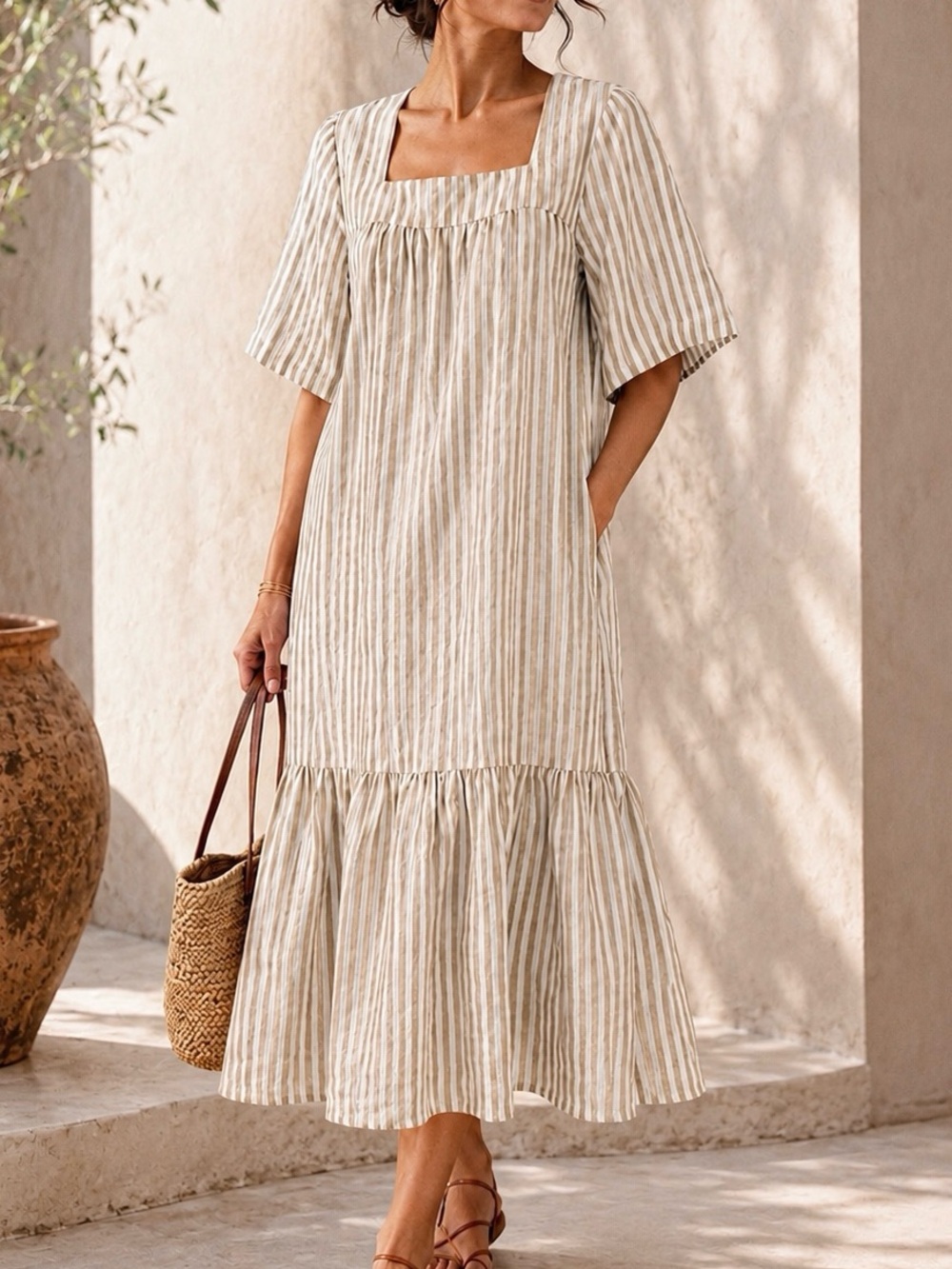 All That Remains Limited Edition Linen Stripe Drop Waist Midi Dress Tan Ivory 8